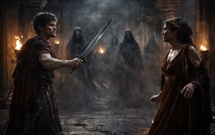 mitolojide Orestes’in annesi Klytaimnestra’yı öldürdüğü ve Erinysler tarafından lanetlendiği sahne